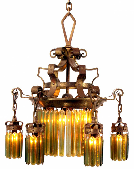 Tiffany six-arm chandelier with 88 Tiffany iridescent glass prisms (est. $10,000-$12,000). Image courtesy of Fontaine’s Auction Gallery.